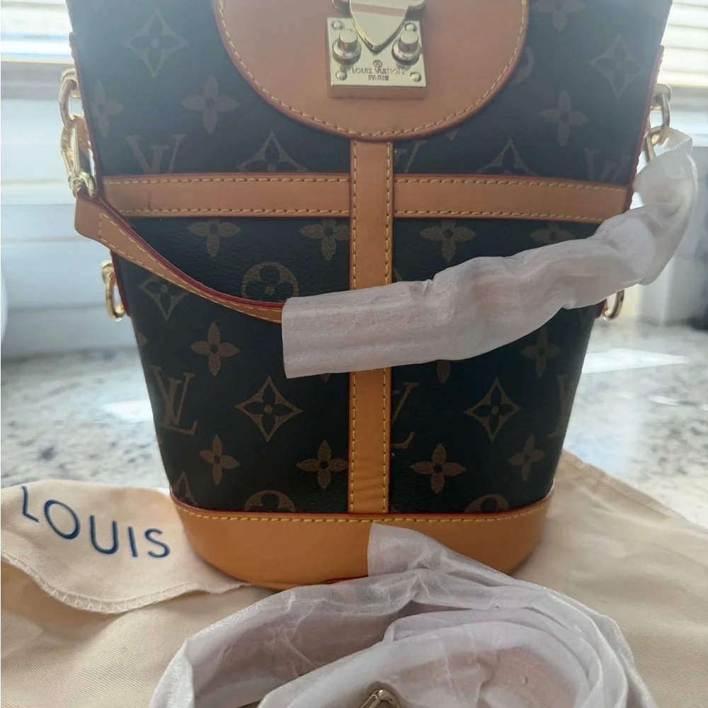 Monogram Bucket Crossbody with Tan Trim - Picture 1 of 7